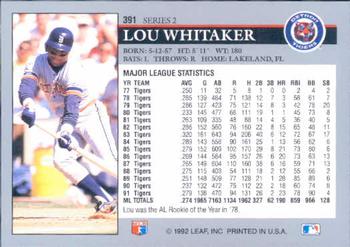 1992 Leaf #391 Lou Whitaker Back