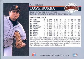 1992 Leaf #471 Dave Burba Back
