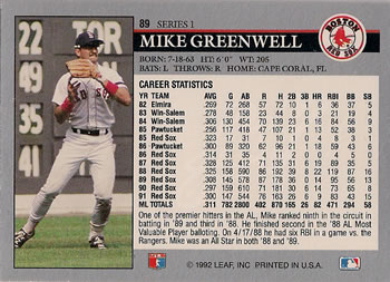 1992 Leaf #89 Mike Greenwell Back
