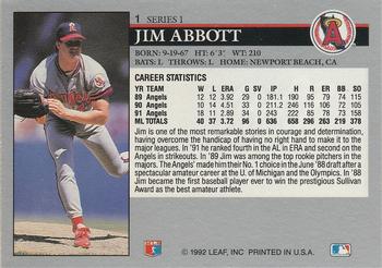 1992 Leaf #1 Jim Abbott Back