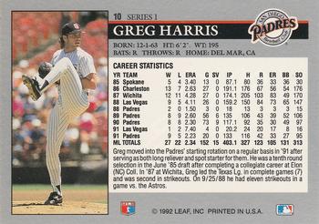 1992 Leaf #10 Greg Harris Back