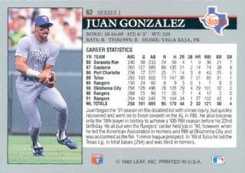1992 Leaf #62 Juan Gonzalez Back