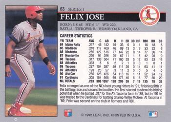 1992 Leaf #63 Felix Jose Back