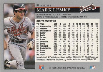 1992 Leaf #94 Mark Lemke Back