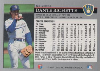1992 Leaf #134 Dante Bichette Back