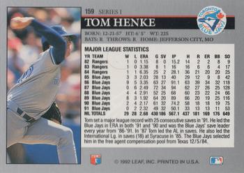 1992 Leaf #159 Tom Henke Back
