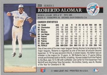 1992 Leaf #233 Roberto Alomar Back