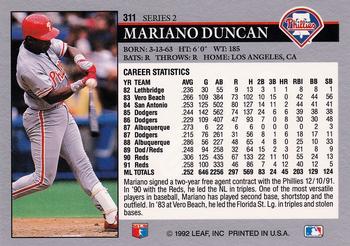1992 Leaf #311 Mariano Duncan Back