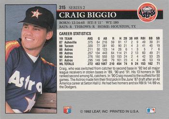 1992 Leaf #315 Craig Biggio Back