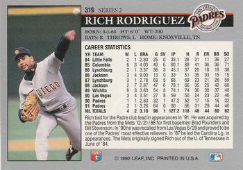 1992 Leaf #319 Rich Rodriguez Back