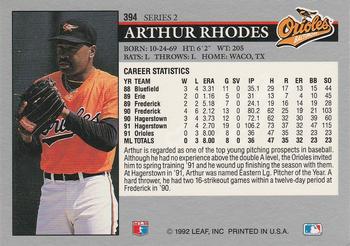 1992 Leaf #394 Arthur Rhodes Back