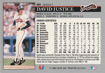1992 Leaf #404 David Justice Back