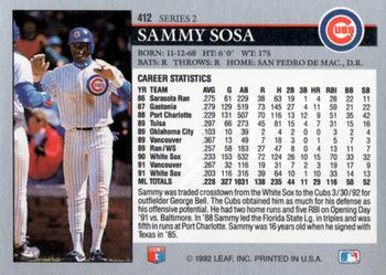1992 Leaf #412 Sammy Sosa Back