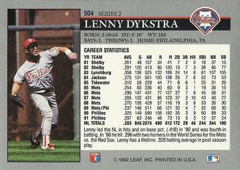 1992 Leaf #504 Lenny Dykstra Back