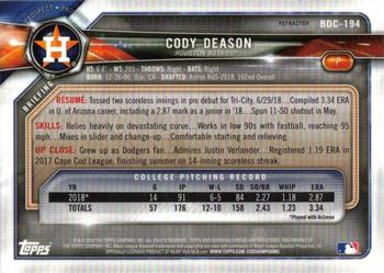 2018 Bowman Draft - Chrome Refractors #BDC-194 Cody Deason Back