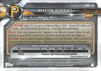 2018 Bowman Draft - Chrome Draft Pick Autographs #CDA-BA Braxton Ashcraft Back