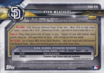 2018 Bowman Draft - Chrome Draft Pick Autographs Blue Wave Refractor #CDA-RW Ryan Weathers Back