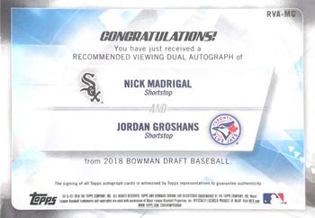 2018 Bowman Draft - Recommended Viewing Dual Autographs Red Refractor #RVA-MG Jordan Groshans / Nick Madrigal Back