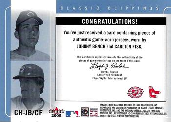 2005 Fleer Classic Clippings - Cut of History Dual Jersey Blue #CH-JB/CF Johnny Bench / Carlton Fisk Back
