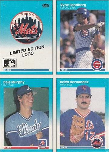 1987 Fleer - Box Bottom Panels #C-1 / C-6 / C-8 / C-14 New York Mets Logo  / Ryne Sandberg / Dale Murphy / Keith Hernandez Front