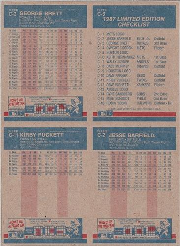 1987 Fleer - Box Bottom Panels #C-2 / C-3 / C-5 / C-11 Boston Red Sox Logo / George Brett / Jesse Barfield / Kirby Puckett Back