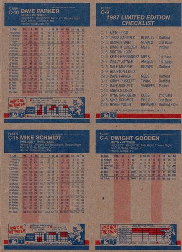 1987 Fleer - Box Bottom Panels #C-4 / C-9 / C-10 / C-15 Houston Astros Logo / Dave Parker / Dwight Gooden / Mike Schmidt Back