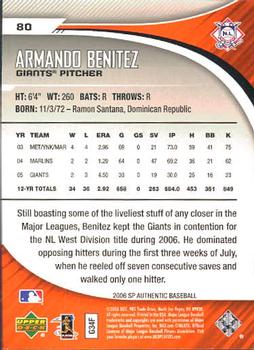 2006 SP Authentic #80 Armando Benitez Back