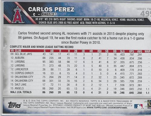 2016 Topps Red 5x7 #499 Carlos Perez Back