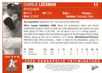 2008 MultiAd Kannapolis Intimidators 2nd Half #NNO Charlie Leesman Back