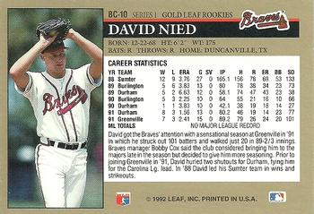 1992 Leaf - Gold Rookies #BC-10 David Nied Back
