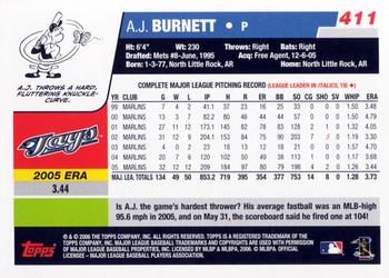 2006 Topps #411 A.J. Burnett Back
