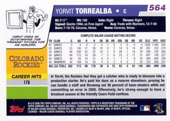 2006 Topps #564 Yorvit Torrealba Back