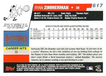 2006 Topps #617 Ryan Zimmerman Back