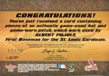 2005 Fleer Platinum - Lumberjacks Bat-Patch Platinum #LJD/AP Albert Pujols Back
