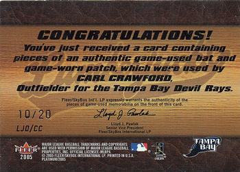 2005 Fleer Platinum - Lumberjacks Bat-Patch Platinum #LJD/CC Carl Crawford Back