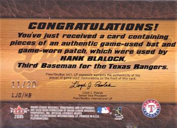 2005 Fleer Platinum - Lumberjacks Bat-Patch Platinum #LJD/HB Hank Blalock Back
