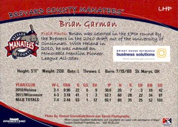 2012 Grandstand Brevard County Manatees #NNO Brian Garman Back
