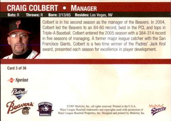 2005 MultiAd Portland Beavers #3 Craig Colbert Back