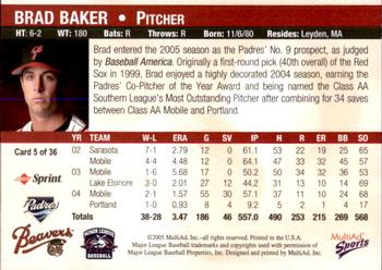 2005 MultiAd Portland Beavers #5 Brad Baker Back