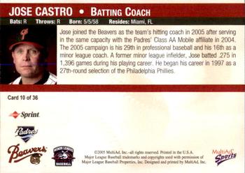2005 MultiAd Portland Beavers #10 Jose Castro Back