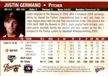 2005 MultiAd Portland Beavers #11 Justin Germano Back