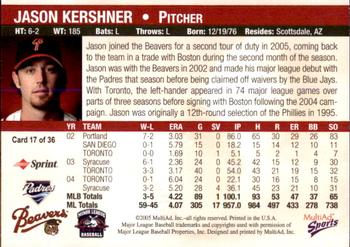 2005 MultiAd Portland Beavers #17 Jason Kershner Back