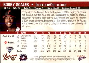 2005 MultiAd Portland Beavers #18 Bobby Scales Back
