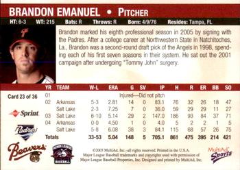 2005 MultiAd Portland Beavers #23 Brandon Emanuel Back