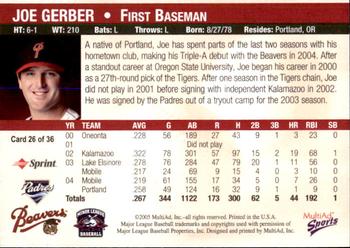 2005 MultiAd Portland Beavers #26 Joe Gerber Back