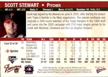 2005 MultiAd Portland Beavers #32 Scott Stewart Back