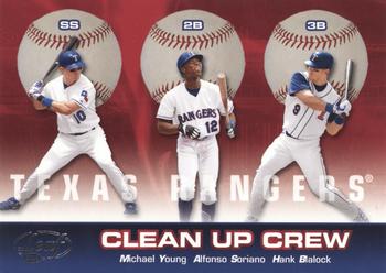 2005 Leaf - Clean Up Crew #CUC 3 Alfonso Soriano / Michael Young / Hank Blalock Front