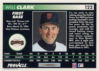 1992 Pinnacle #122 Will Clark Back