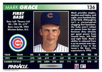 1992 Pinnacle #136 Mark Grace Back