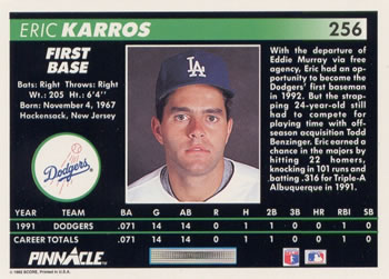 Eric Karros - Dodgers - #827 Score 1992 Baseball Trading Card